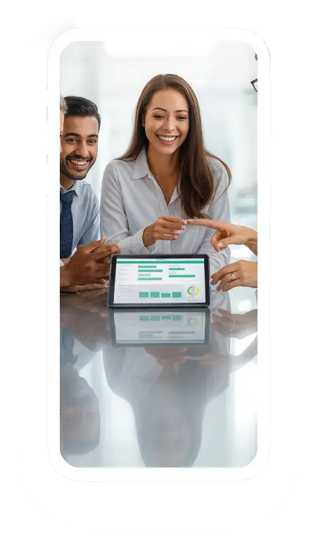 A diverse group of professionals engaged in a collaborative discussion over a tablet displaying data insights on a reflective table